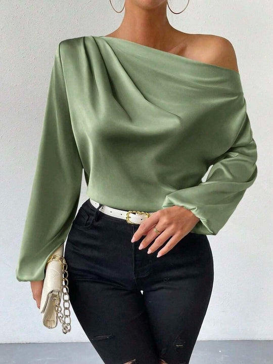 Damen Satin-Oberteil mit asymmetrischem Ausschnitt und fließendem Schnitt R&B
