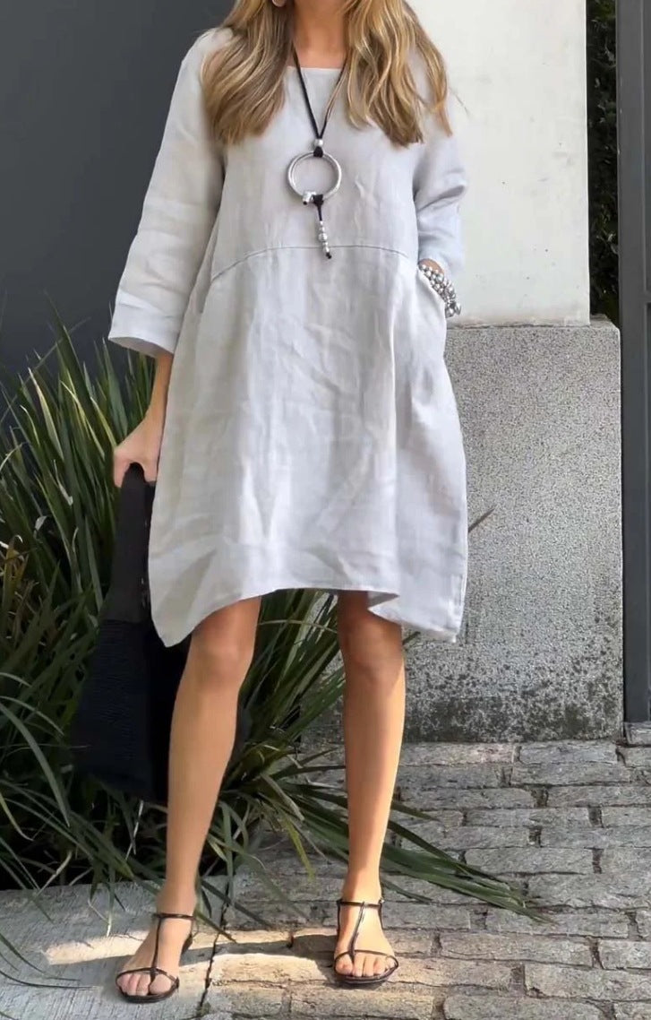 Damen lässiges Leinenkleid mit praktischen Taschen und asymmetrischem Saum R&B