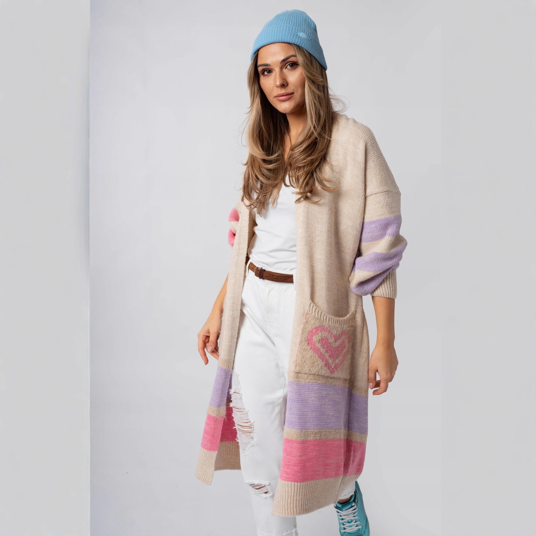 Damen Langärmliger Strickcardigan mit herzförmigen Taschen und modernem Farbblocking R&B
