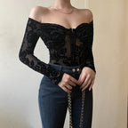 Damen Luxuriöses Spitzenbodysuit mit Off-Shoulder-Design R&B