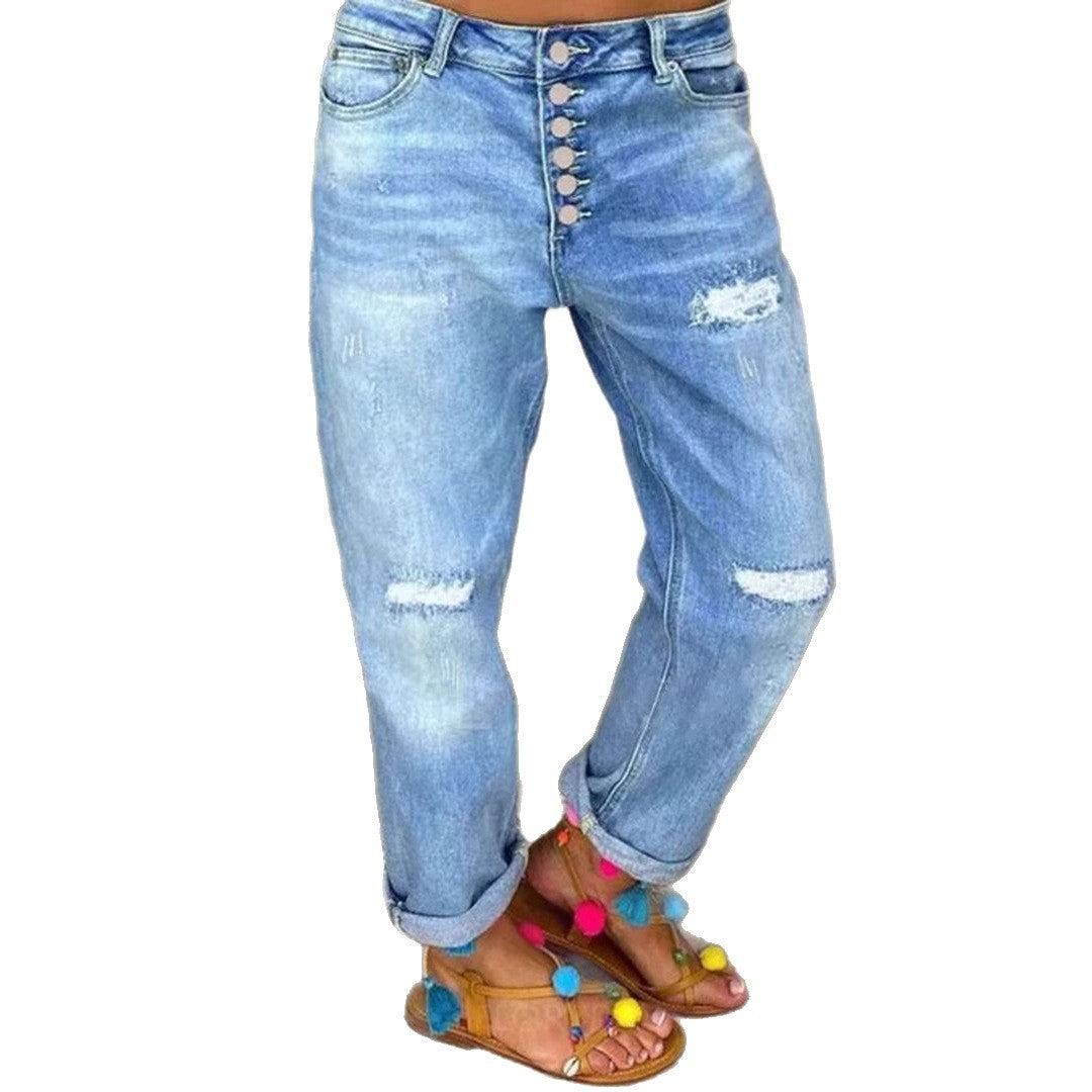 Damen Denim-Bundfaltenhose mit Knopfleiste und modischem Destroyed-Effekt R&B
