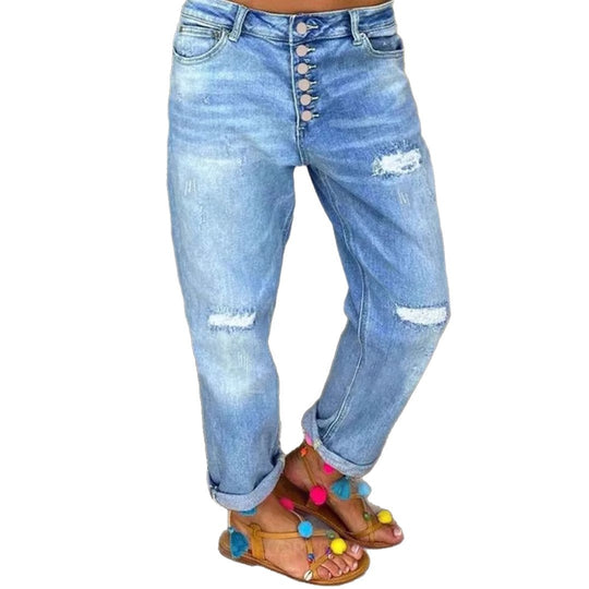 Damen Denim-Bundfaltenhose mit Knopfleiste und modischem Destroyed-Effekt R&B