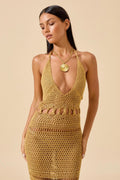 Damen Häkel-Strandkleid mit tiefem V-Ausschnitt und kreativem Cut-Out R&B