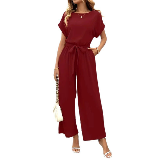 Damen Eleganter Jumpsuit mit weitem Bein und Taillenknoten R&B