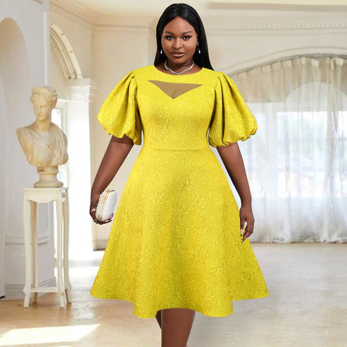 Damen Midi-Kleid mit voluminösen Puffärmeln und dekorativem Ausschnitt R&B