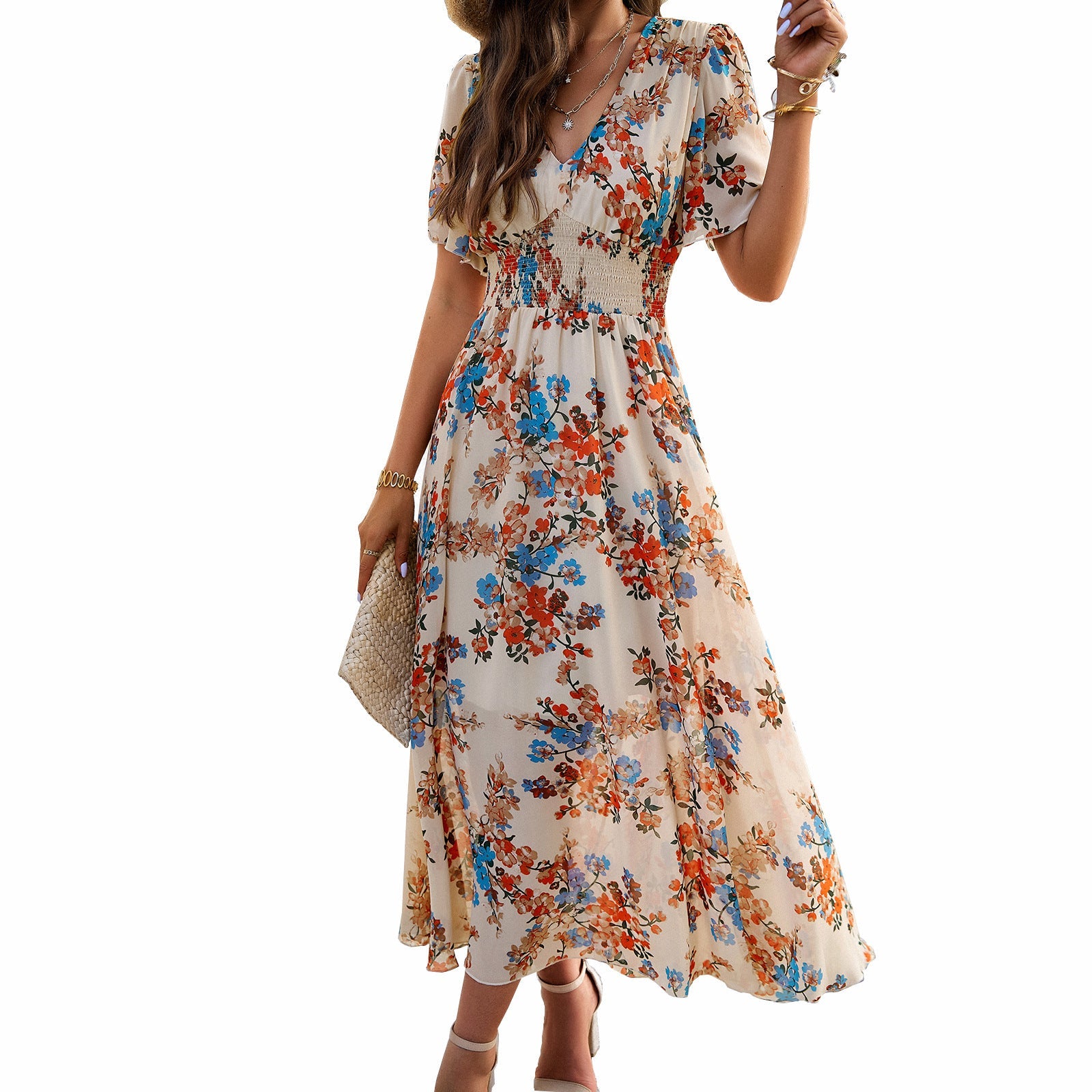 Damen Maxikleid mit schwingendem Rock und romantischem Blumenmuster R&B