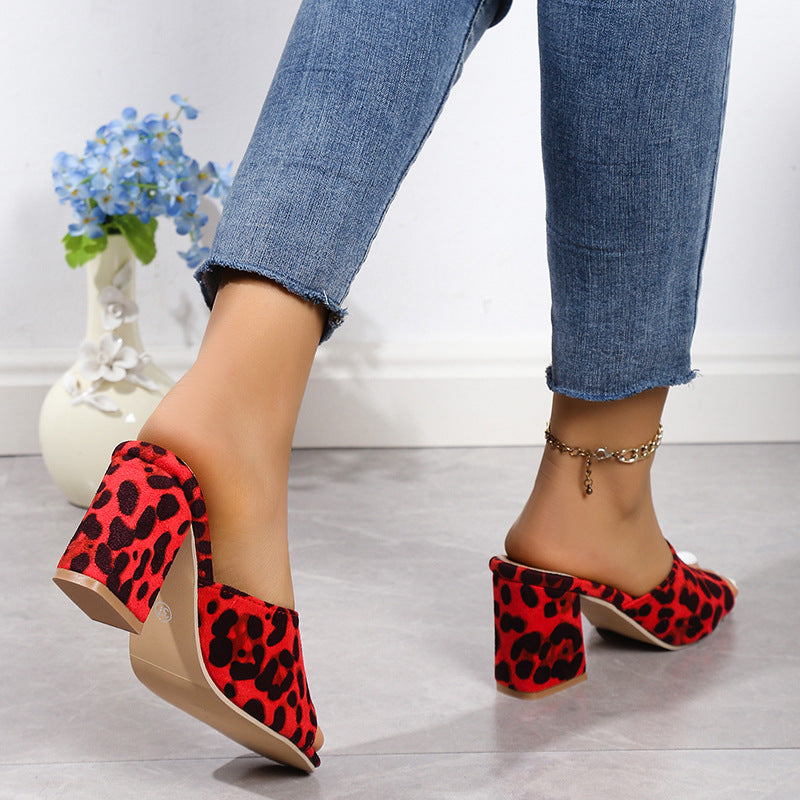 Damen offene Pantoletten mit Leopardenmuster und bequemem Blockabsatz R&B