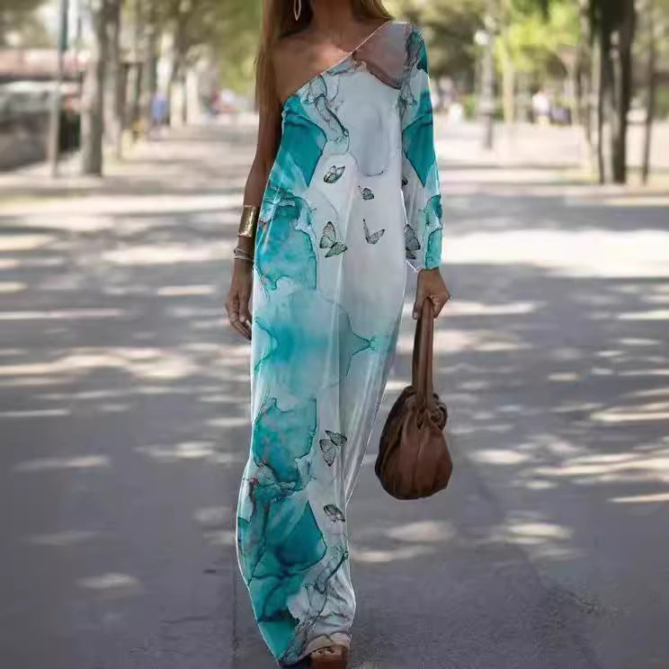 Damen asymmetrisches Maxikleid mit buntem Kunstdruck R&B