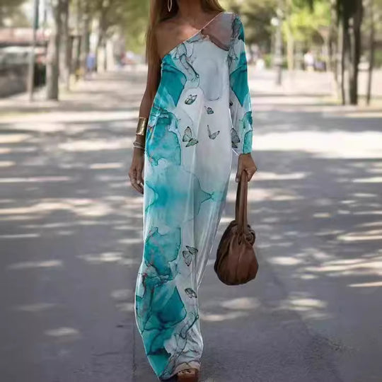 Damen asymmetrisches Maxikleid mit buntem Kunstdruck R&B
