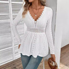 Damen nan romantische Broderie-Anglaise Tunika mit Taillen-Spitzenband und V-Ausschnitt R&B