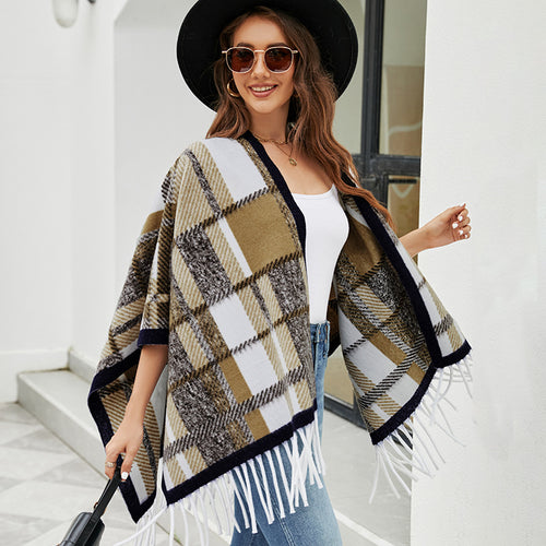 Damen eleganter Poncho mit modernem Karomuster und Fransen R&B