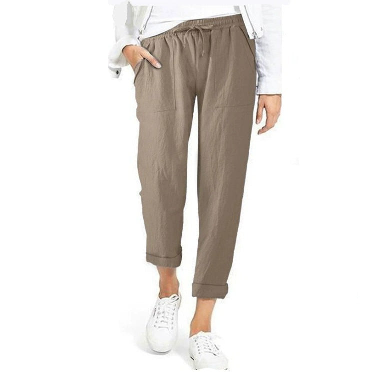 Damen entspannte Leinenhose mit elastischem Bund und praktischen Taschen R&B