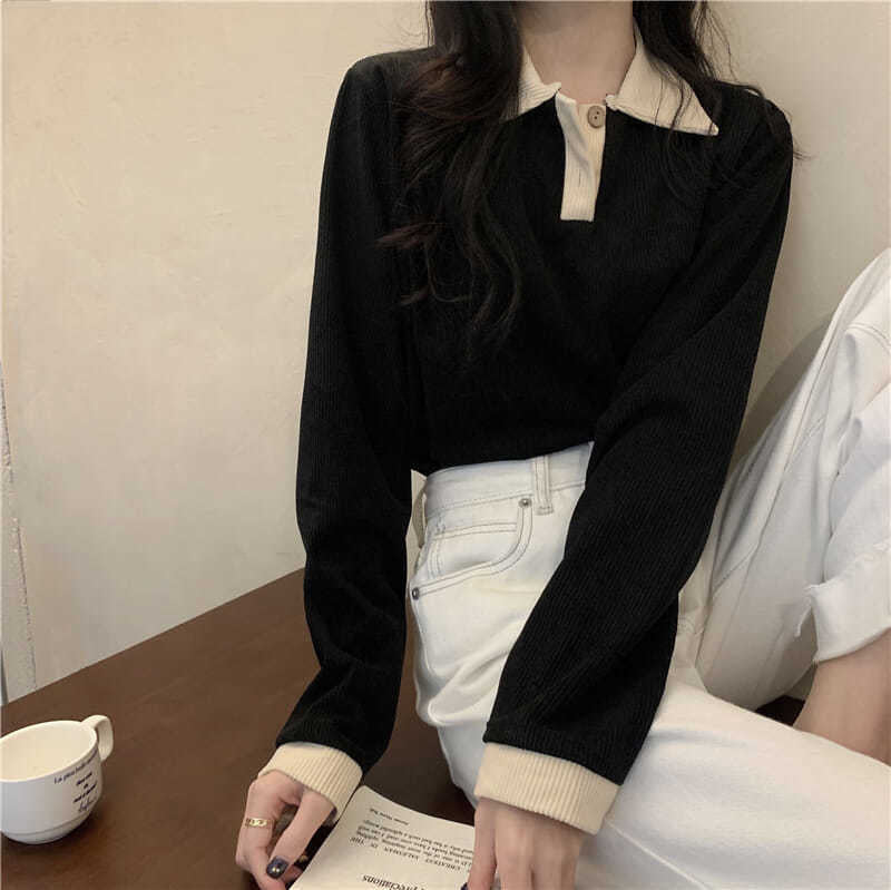 Damen Langarmshirt mit strukturierter Rippoptik und klassischem Polokragen