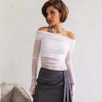 Damen Off-Shoulder Langarmshirt aus leicht transparentem Stoff mit raffiniertem Drapierungseffekt R&B