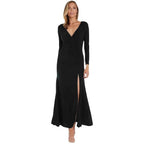 Damen elegantes Maxikleid mit hohem Schlitz und raffiniertem V-Ausschnitt R&B