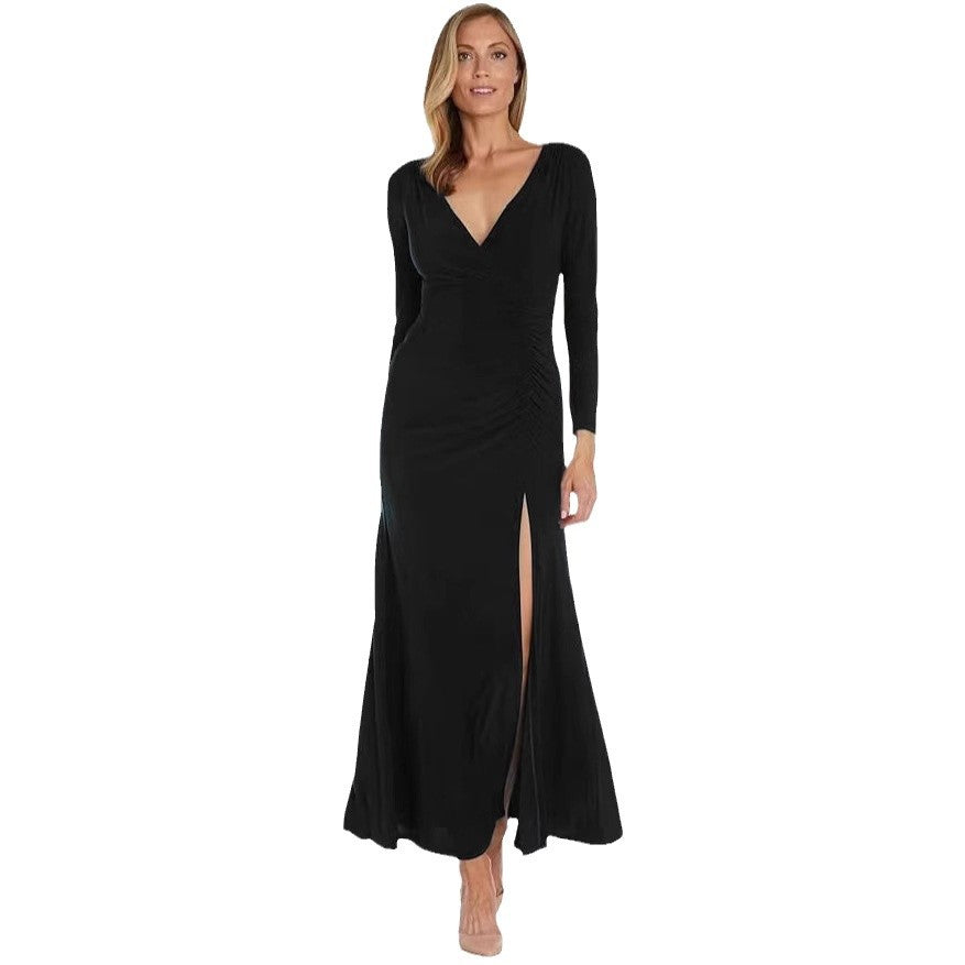 Damen elegantes Maxikleid mit hohem Schlitz und raffiniertem V-Ausschnitt R&B