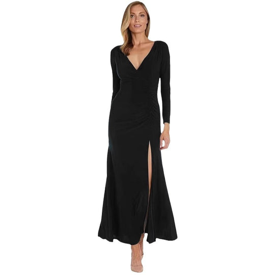 Damen elegantes Maxikleid mit hohem Schlitz und raffiniertem V-Ausschnitt R&B