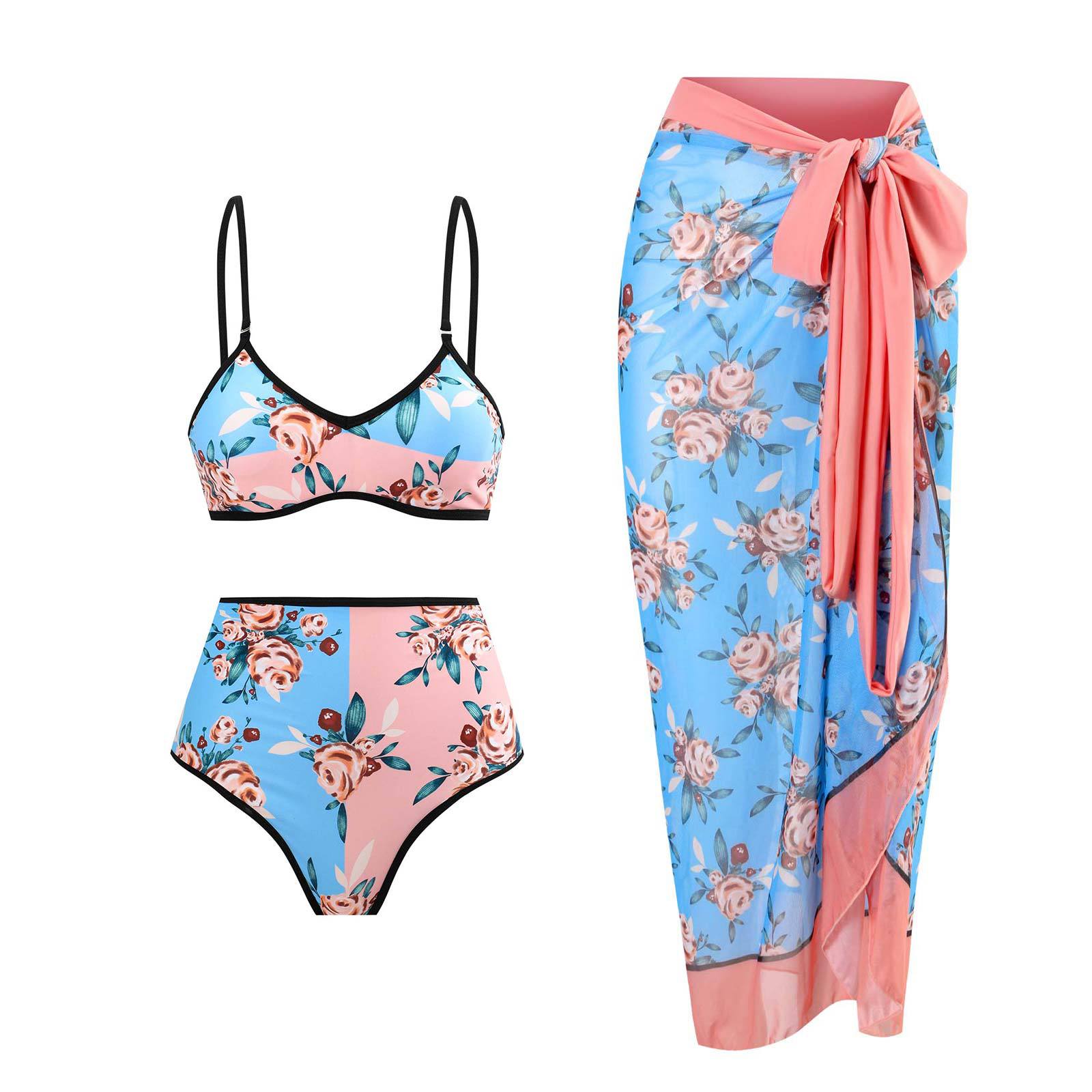 Damen Hochgeschnittener Bikini mit floralem Muster und kontrastierendem Detail R&B