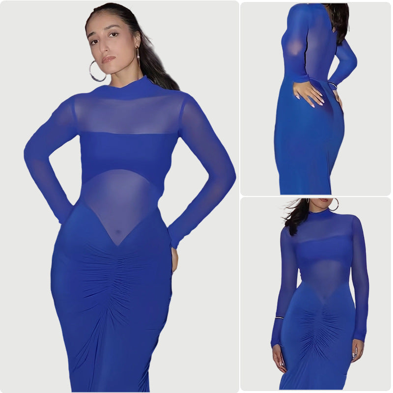 Damen Elegantes Maxikleid mit transparenten Ärmeln und raffinierter Drapierung R&B