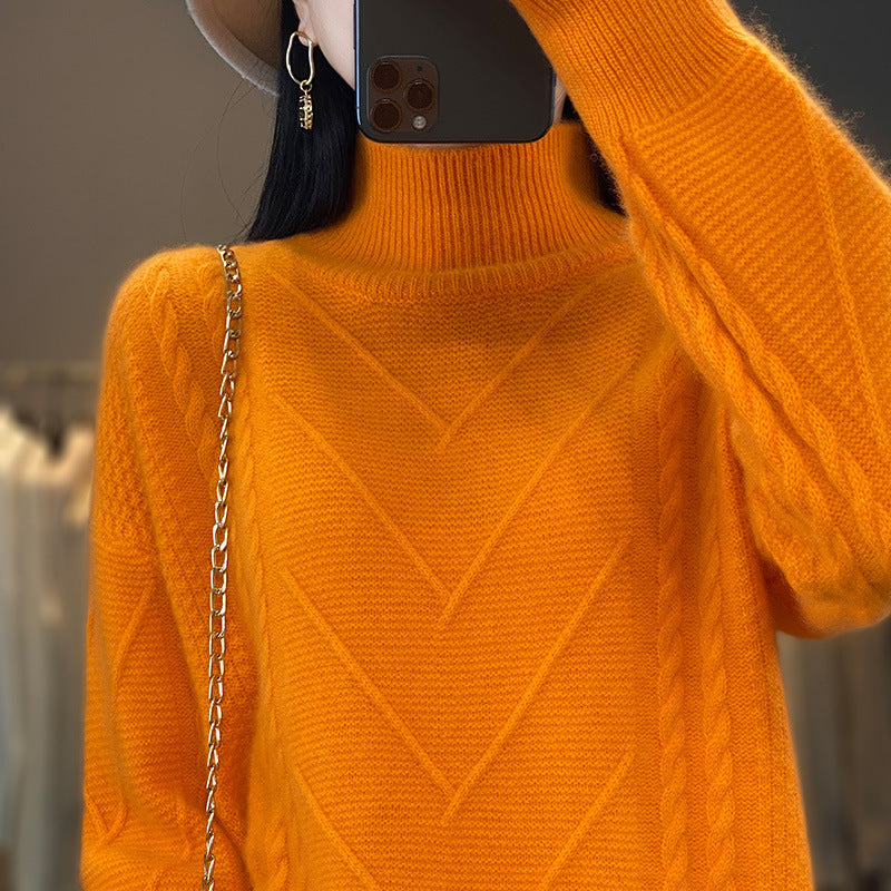 Damen Grobstrickpullover mit innovativem Zopfmuster und hohem Stehkragen R&B