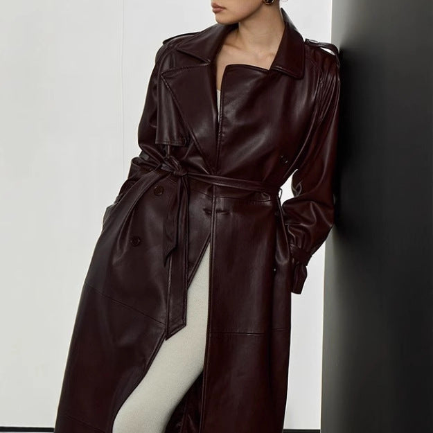 Damen eleganter Kunstleder-Trenchcoat mit taillierbarem Gürtel und praktischen Taschen R&B