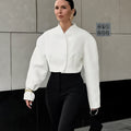 Damen Modische kurze Jacke mit voluminösen Ärmeln und hochgeschichtetem Kragen R&B