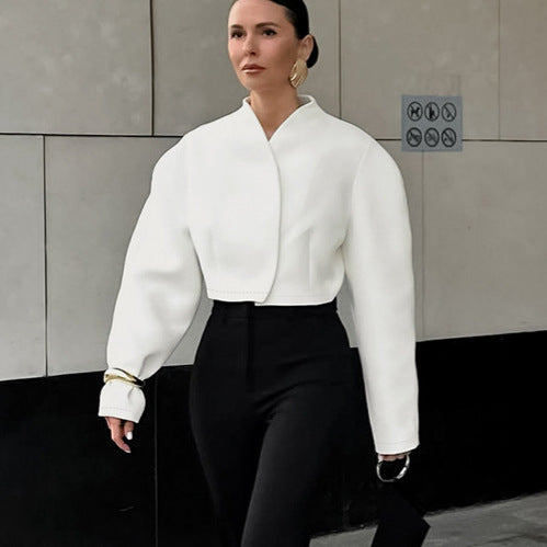 Damen Modische kurze Jacke mit voluminösen Ärmeln und hochgeschichtetem Kragen R&B
