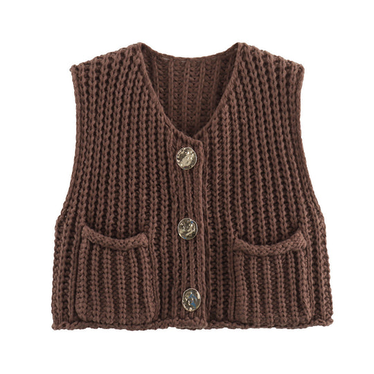 Damen modische Strickweste mit Knopfdetails und aufgesetzten Taschen R&B
