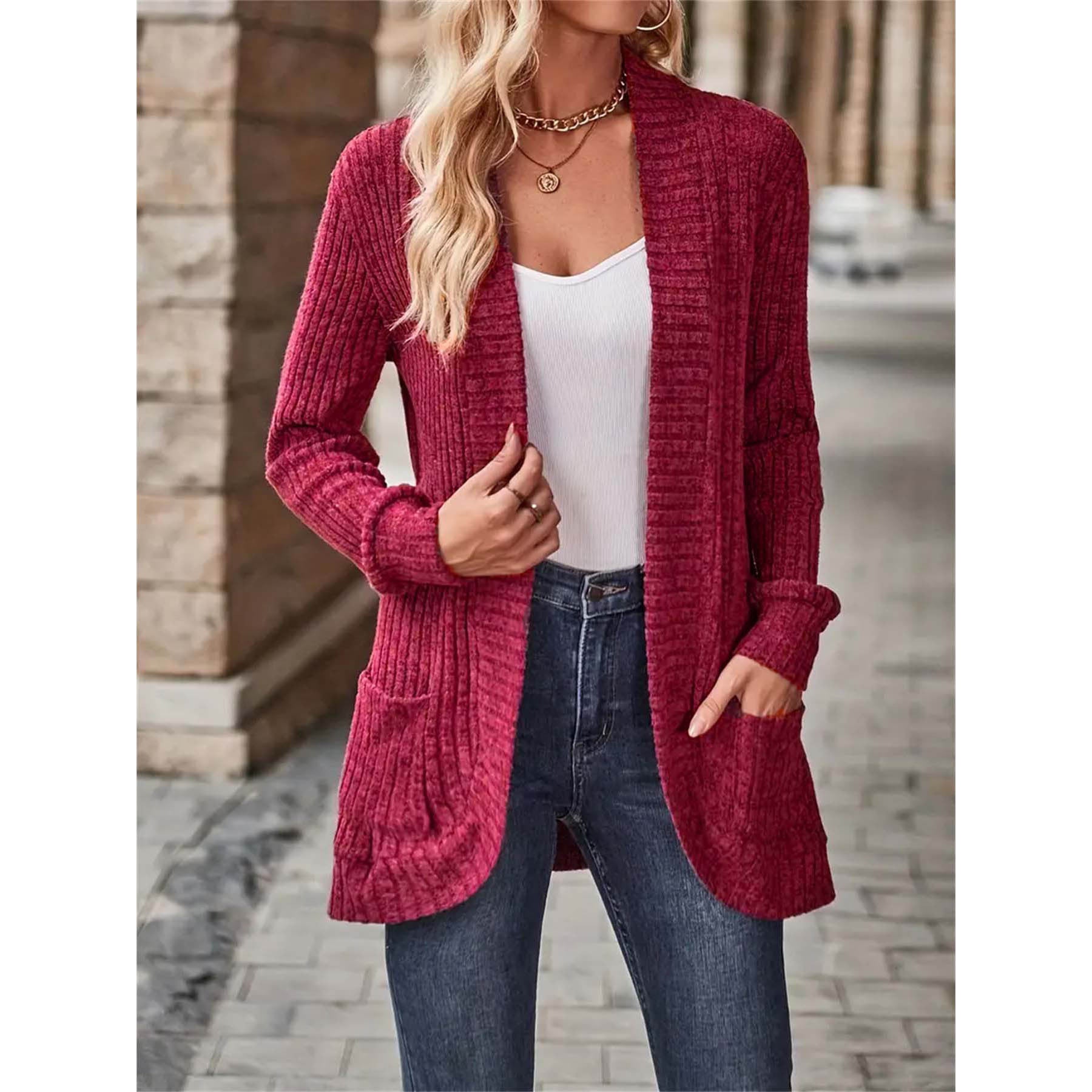 Damen offene Strickjacke mit strukturierter Oberfläche und praktischen Taschen R&B