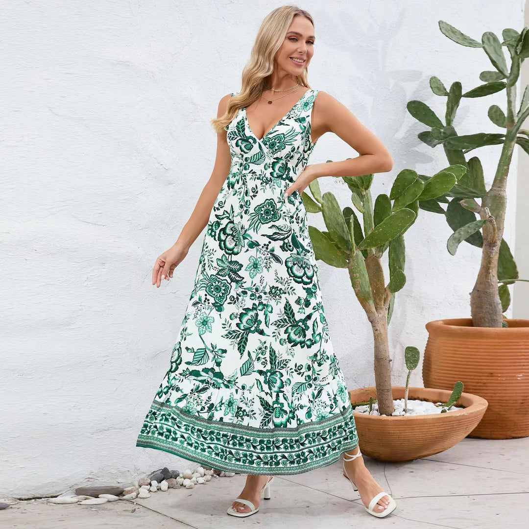 Damen Maxikleid mit floralem Design und tiefem V-Ausschnitt R&B