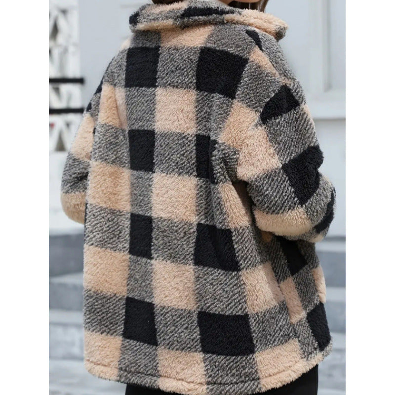 Damen kuschelige Plüschjacke mit Karomuster R&B