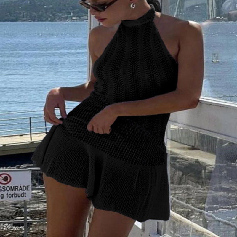Damen luftiges Strandkleid mit feinem Häkelmuster und voluminösem Saum R&B