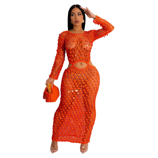 Damen Maxi-Kleid aus transparentem Häkelmaterial mit Cut-Out-Details R&B