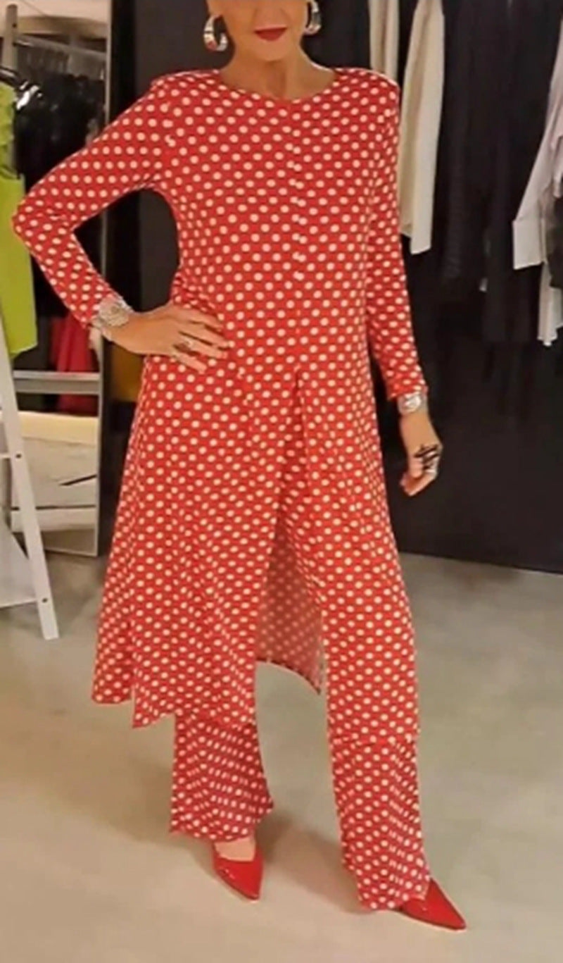 Damen nan Pünktchen-Lounge-Ensemble mit langer A-Linien-Tunika, mittigem Frontschlitz und weiter Palazzohose R&B