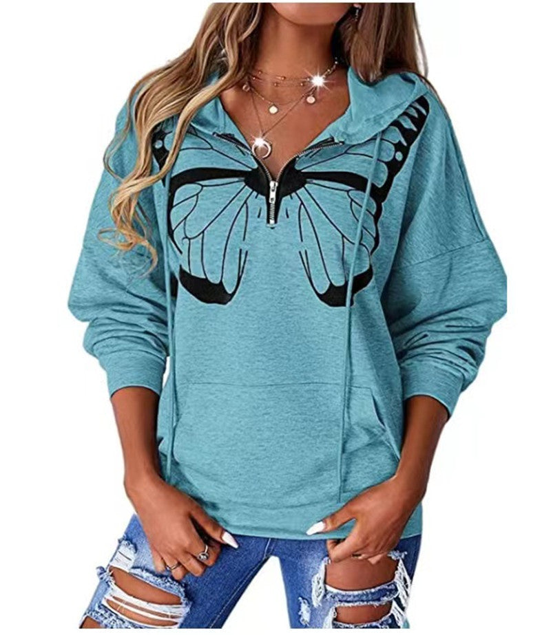 Damen lässiger Kapuzenpullover mit Schmetterlingsdruck und Halber Reißverschluss R&B