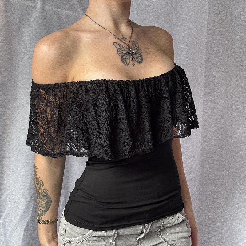 Damen Off-Shoulder Oberteil mit Rüschendetails und eleganten Spitzenakzenten R&B