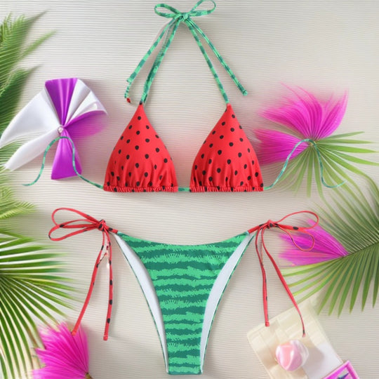 Damen Triangel-Bikini mit verspieltem Obstdesign und verstellbaren Trägern R&B