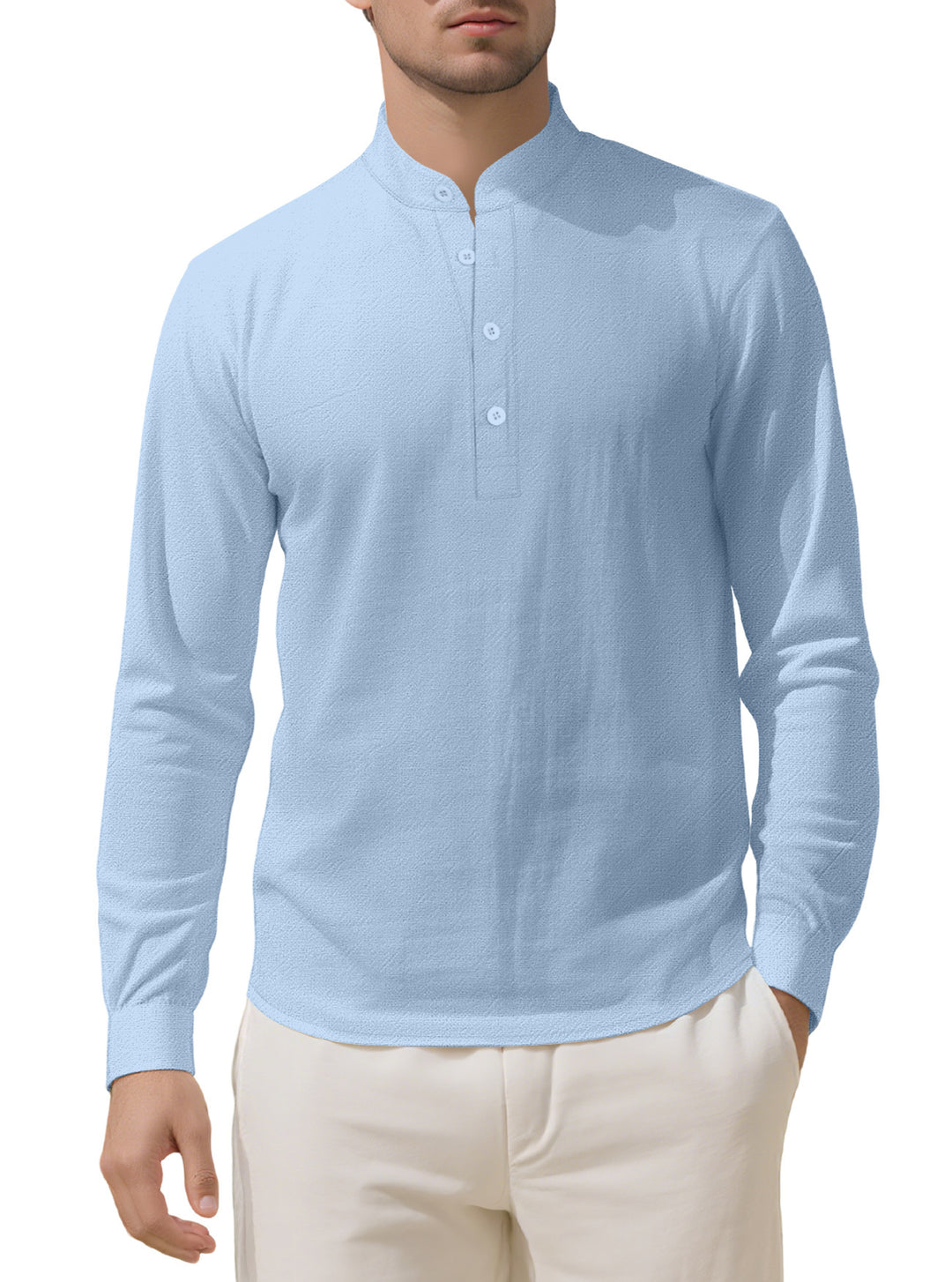 Herren Elegantes Langarmhemd mit Stehkragen und Knopfleiste R&B