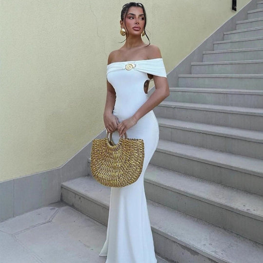 Damen Offshoulder Maxikleid mit raffiniertem Gürtel R&B