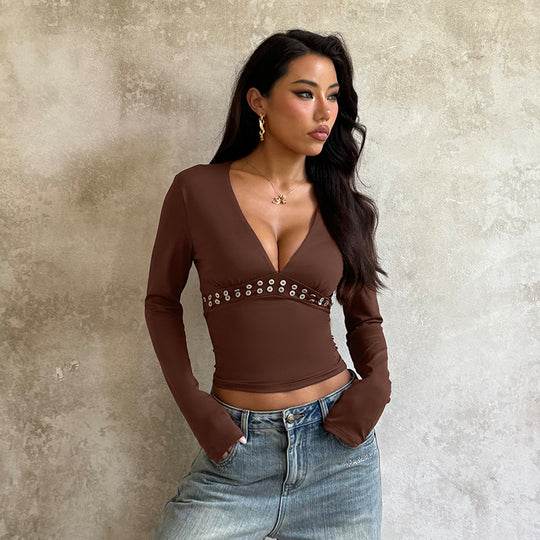 Damen elegantes Langarm-Top mit tiefem V-Ausschnitt und dekorativen Nieten R&B