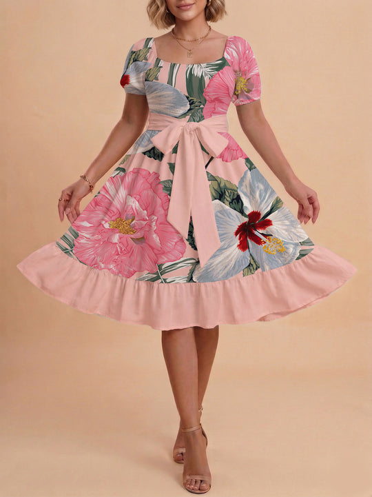Damen Sommerkleid mit floralem Puffärmel und taillierbarem Gürtel R&B