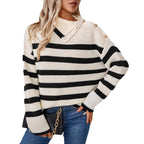 Damen Rollkragenpullover mit Knopfdetails und Streifendesign
