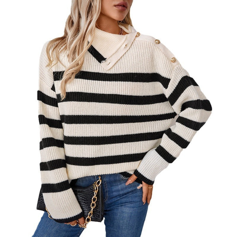 Damen Rollkragenpullover mit Knopfdetails und Streifendesign