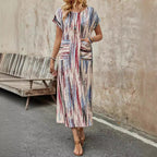 Damen Maxikleid mit praktischen Taschen und modischem Streifenmuster R&B