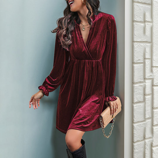 Damen elegantes Samtkleid mit tiefem V-Ausschnitt und Puffärmeln R&B