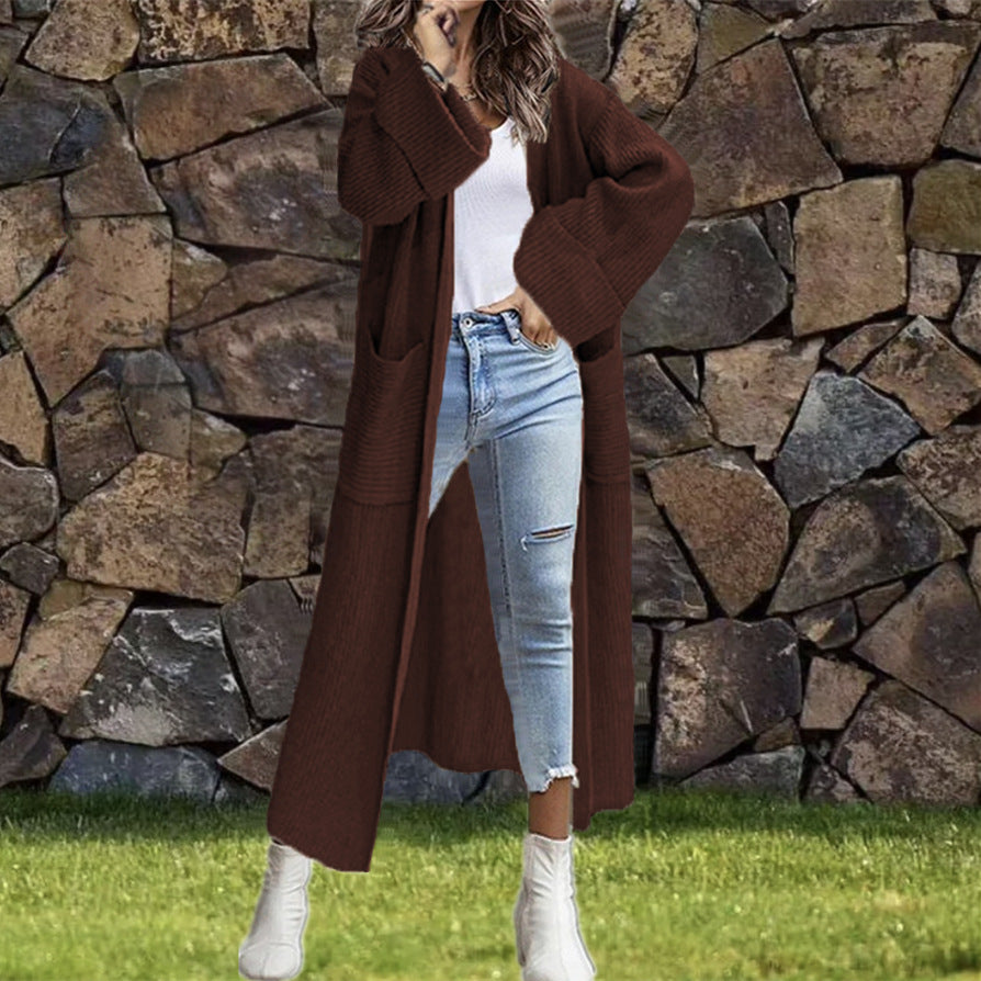 Damen Langer Strickmantel mit modernen Taschen und weichem Material