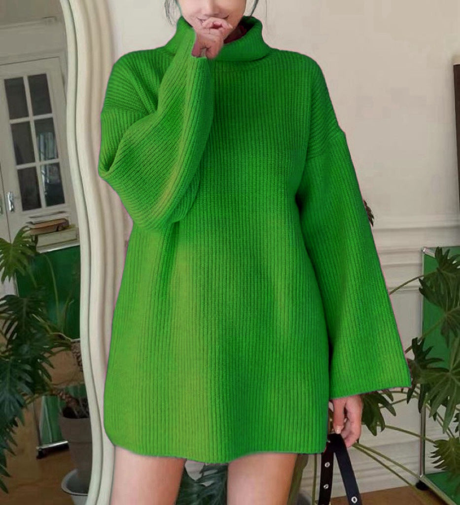 Damen Langer Strickpullover mit hohem Kragen und weit ausgestellten Ärmeln R&B