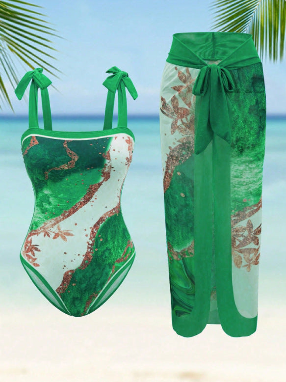 Damen Eleganter Einteiler Badeanzug mit passendem Strandrock R&B