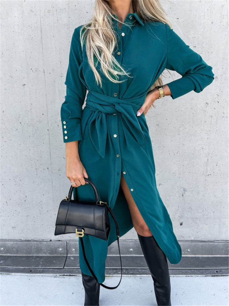 Damen Hemdkleid mit Wickelgürtel und Knopfleiste R&B