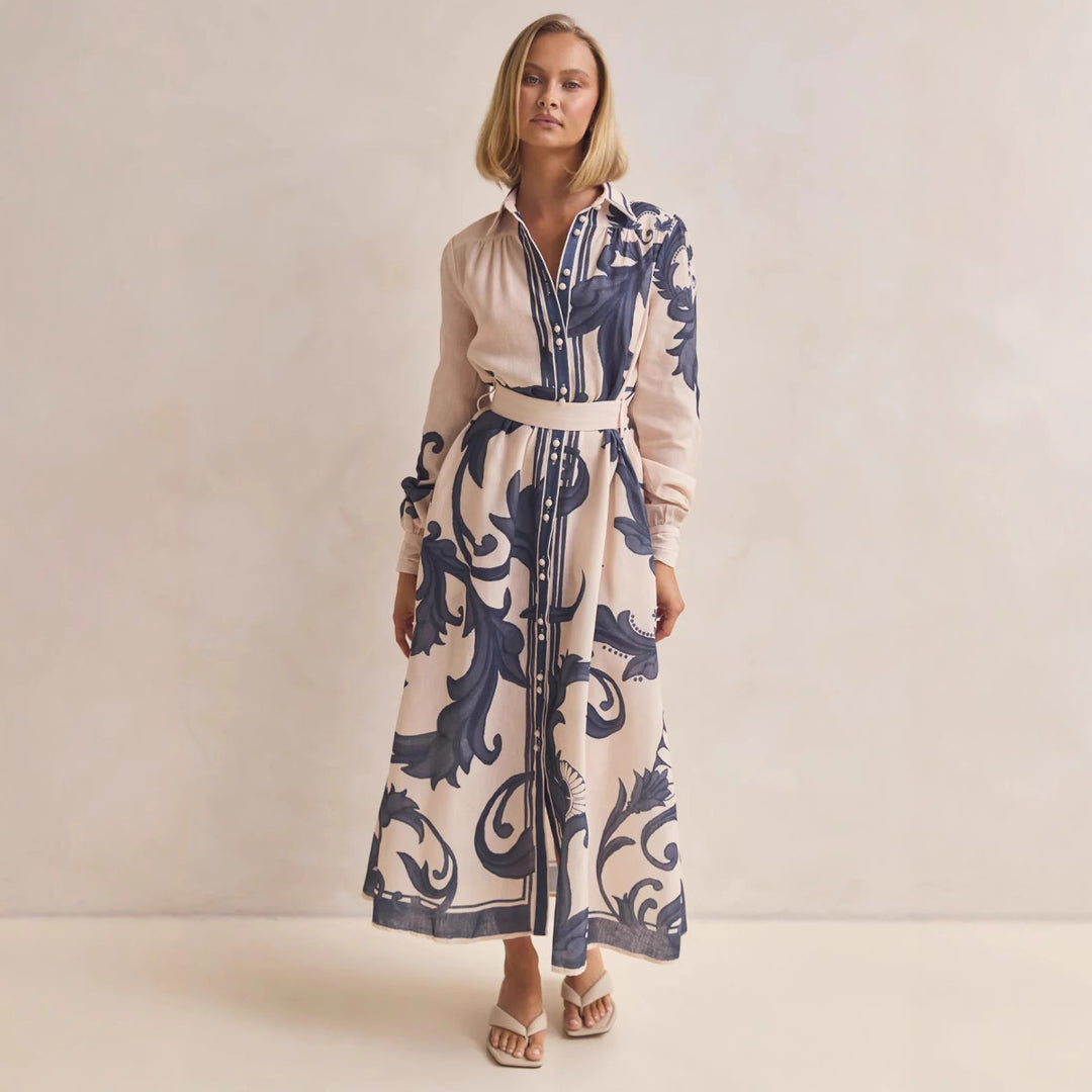 Damen Langarmhemdkleid mit floralen Akzenten und Taillengürtel R&B